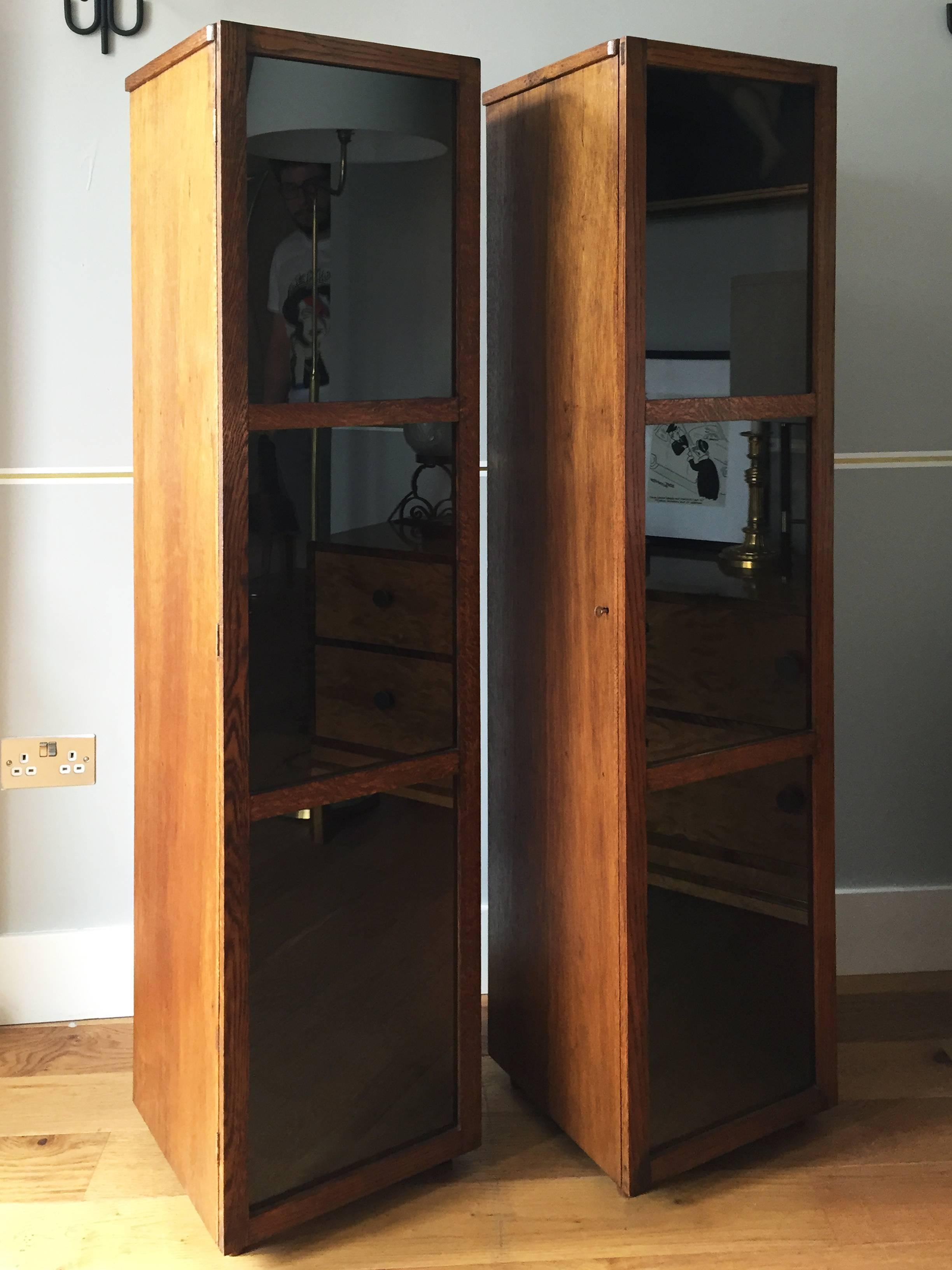 20th Century Pair of 1940s Oak Narrow Bookcases or Display Cabinets
