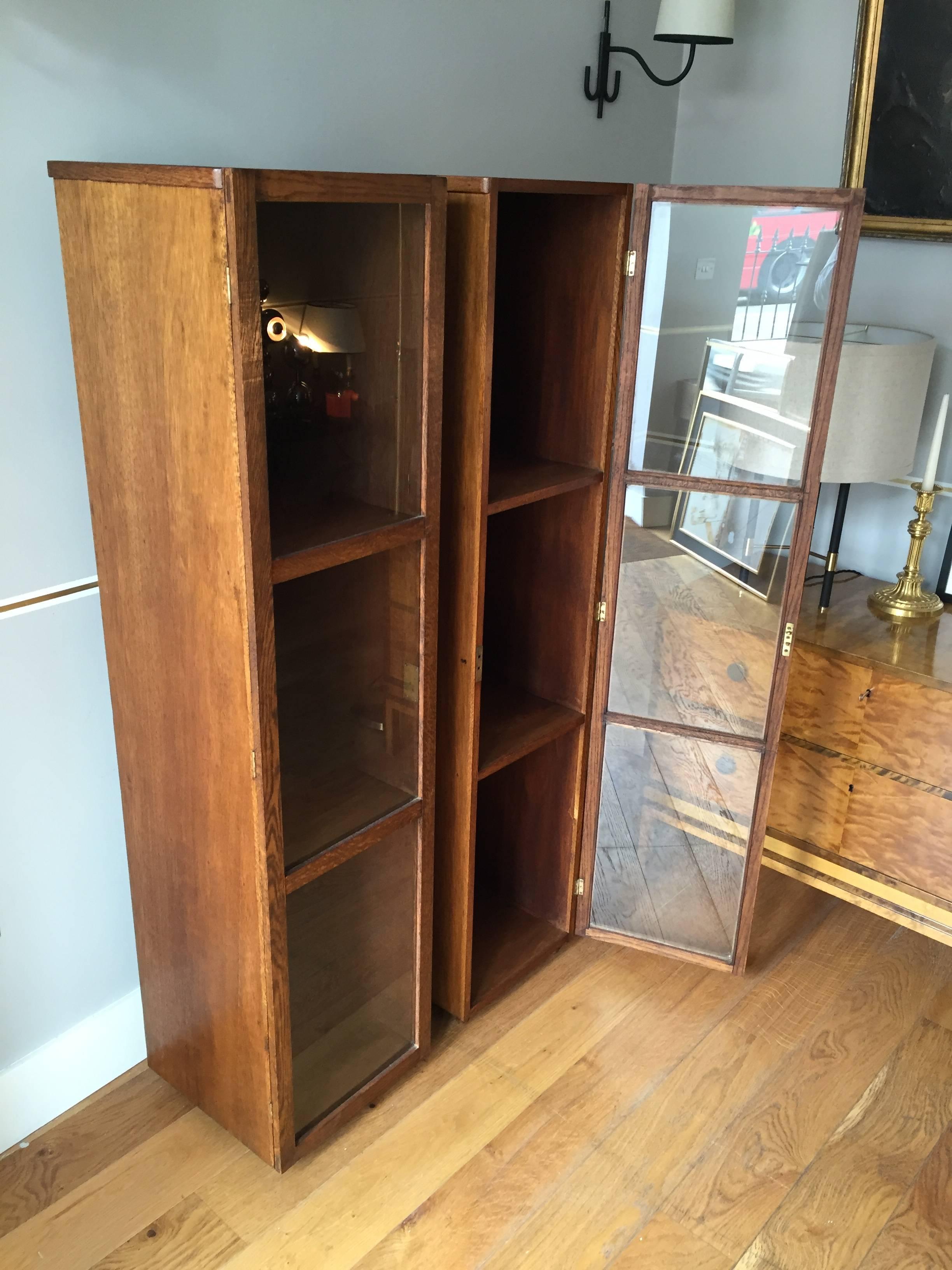 Pair of 1940s Oak Narrow Bookcases or Display Cabinets 1