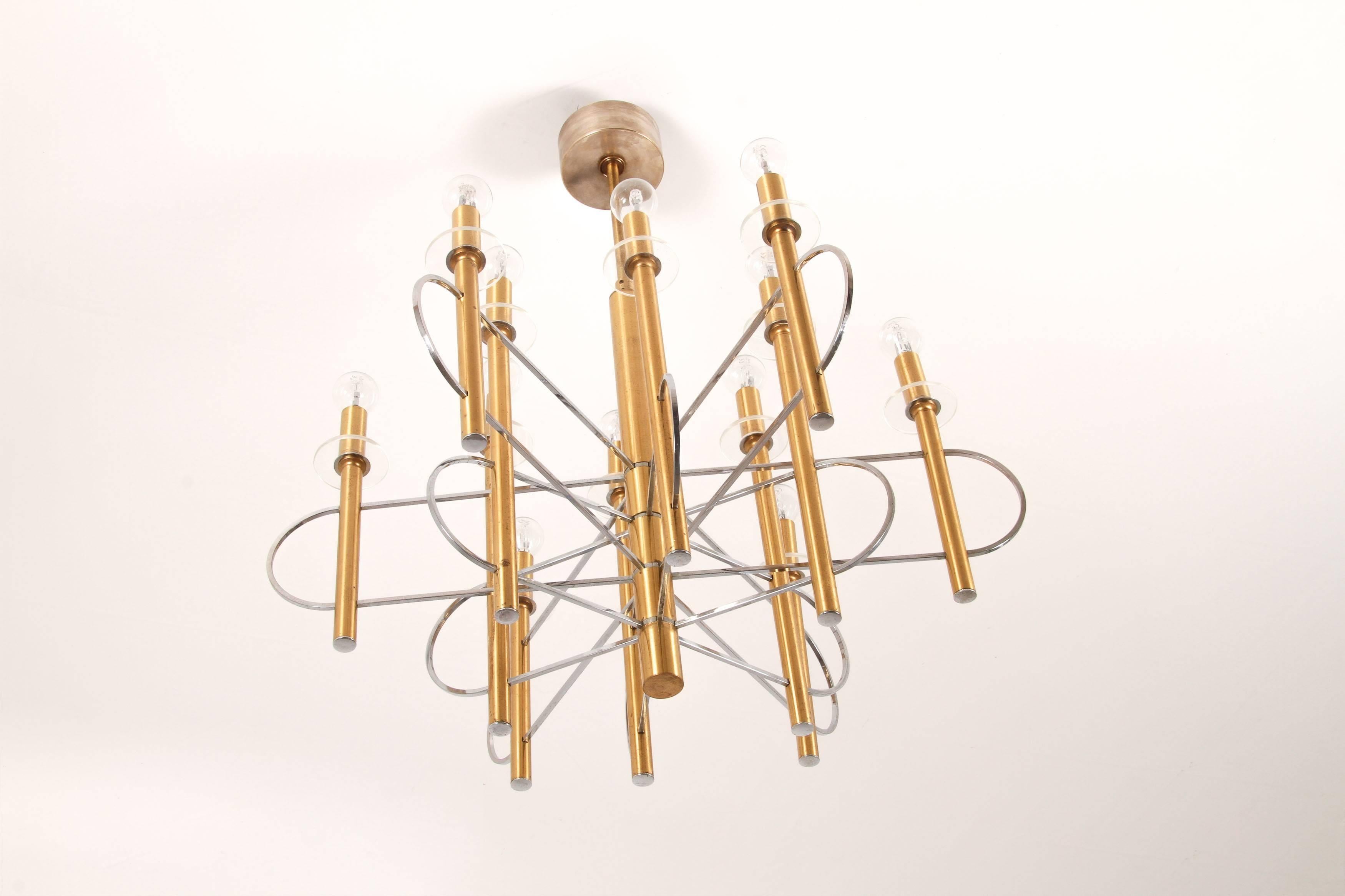 Italian Brass, Chrome and Glass Twelve-Light Chandelier by Gaetano Sciolari