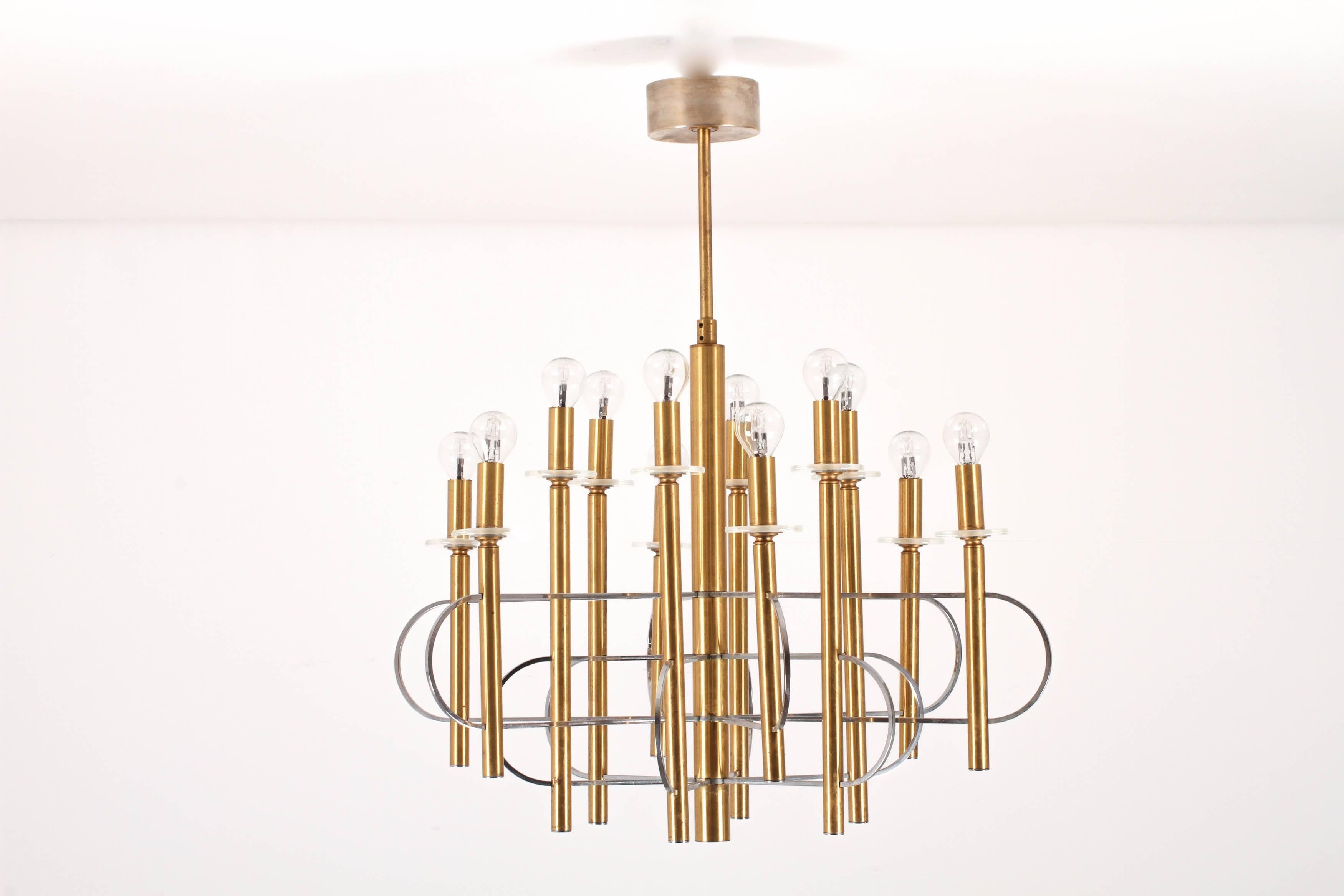 Brass, Chrome and Glass Twelve-Light Chandelier by Gaetano Sciolari In Excellent Condition In London, GB