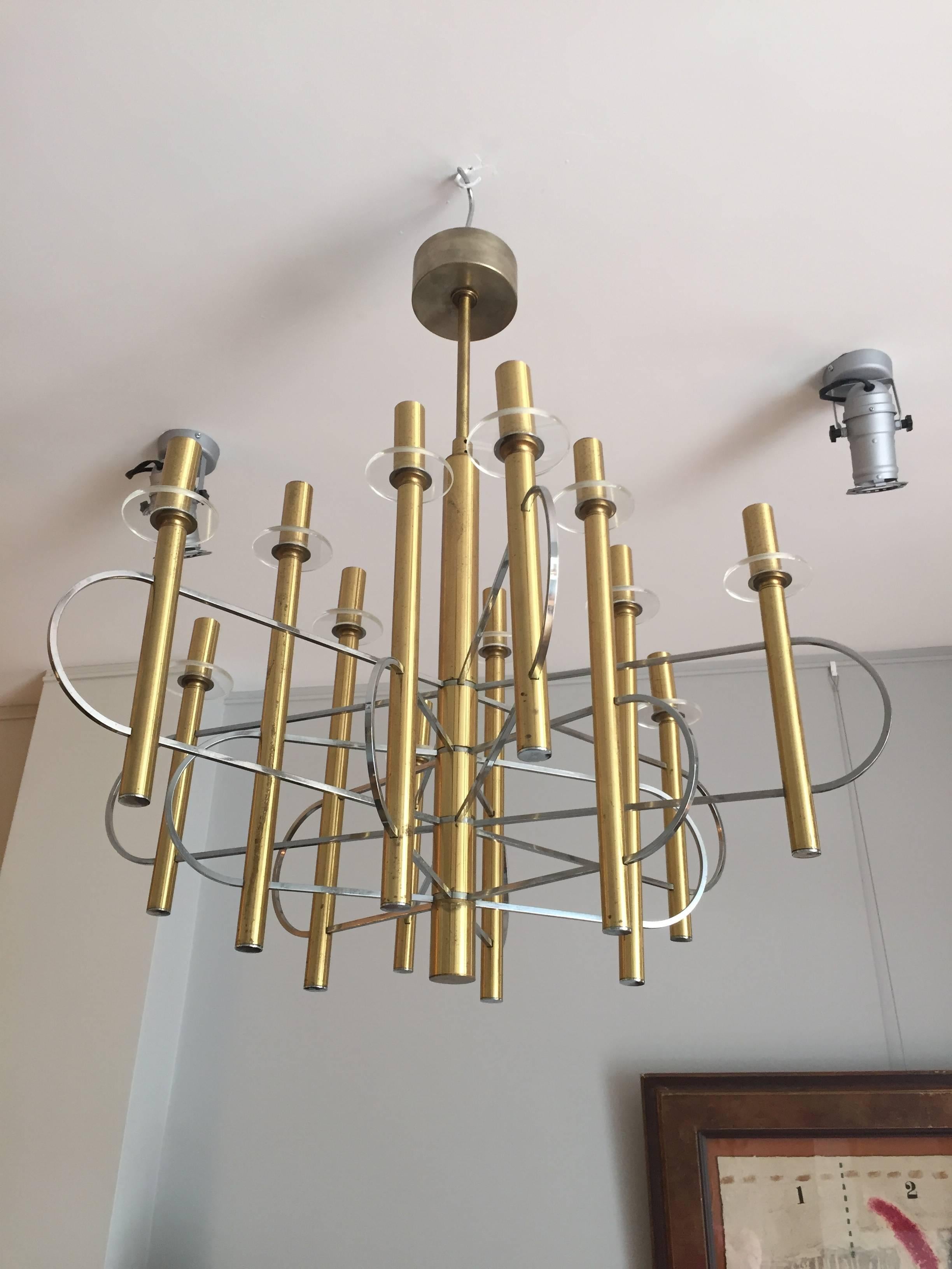20th Century Brass, Chrome and Glass Twelve-Light Chandelier by Gaetano Sciolari