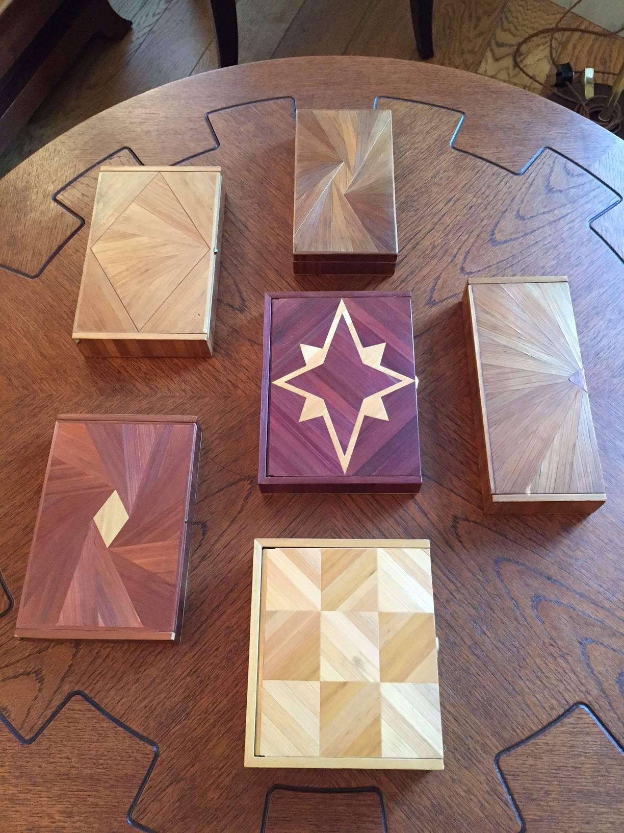 A collection of six Art Deco straw marquetry boxes, in the manner of Jean Michel Frank,
France, circa 1930.
Various size and proportions, but all around 20 cm long by 12 cm wide.