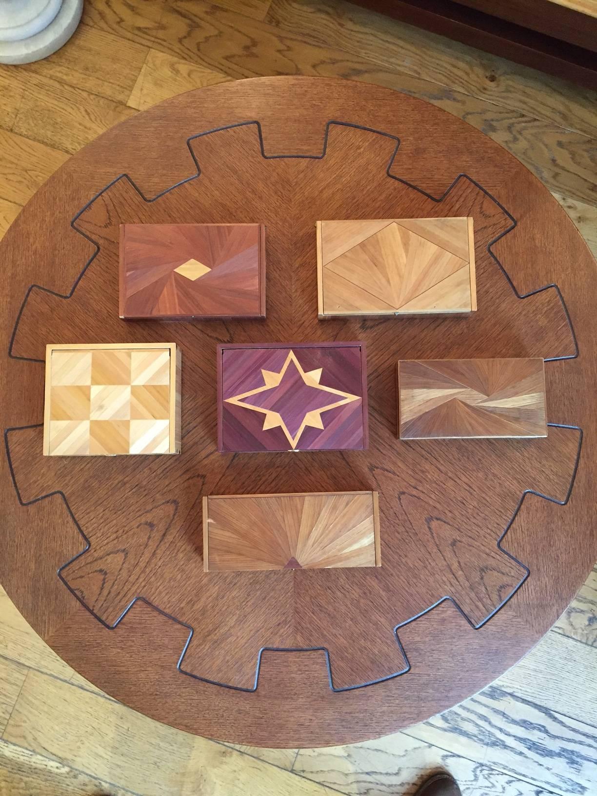 20th Century Collection of Six French Art Deco Straw Marquetry Boxes