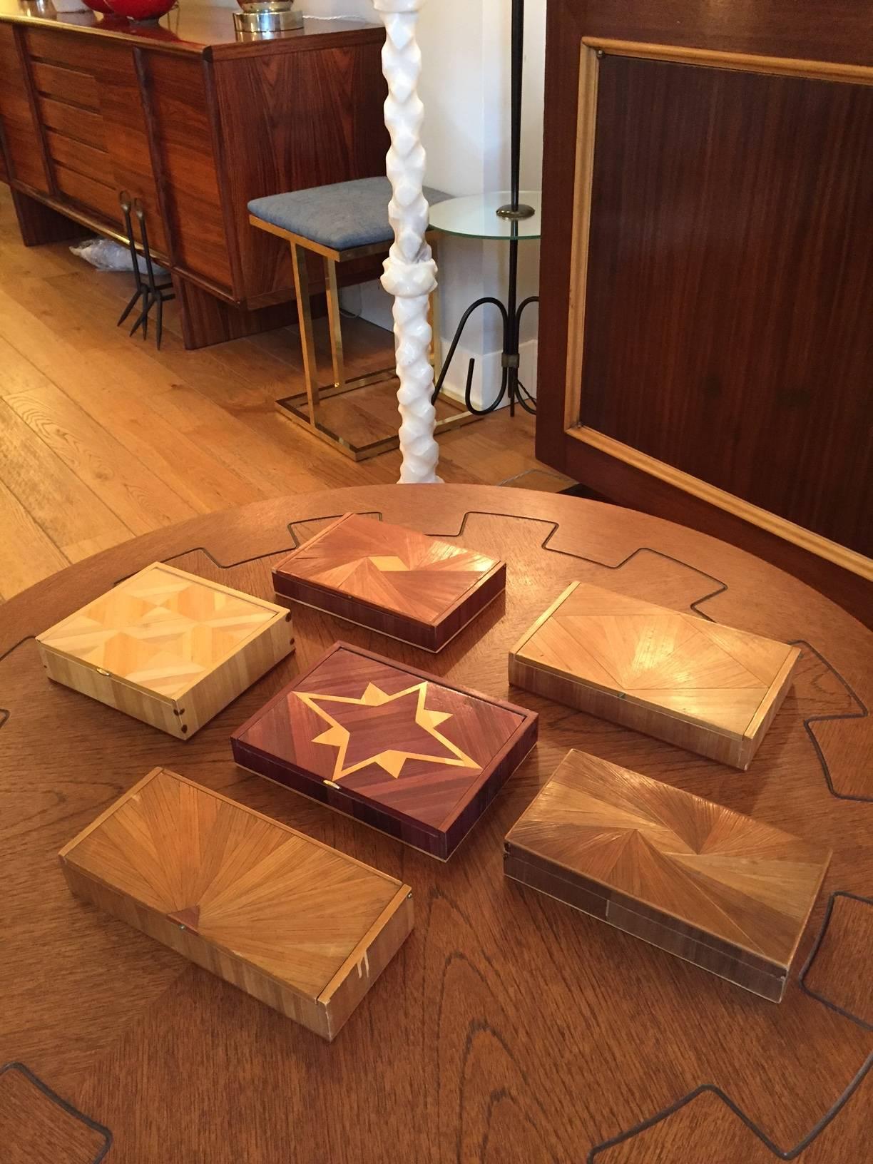 Collection of Six French Art Deco Straw Marquetry Boxes 1