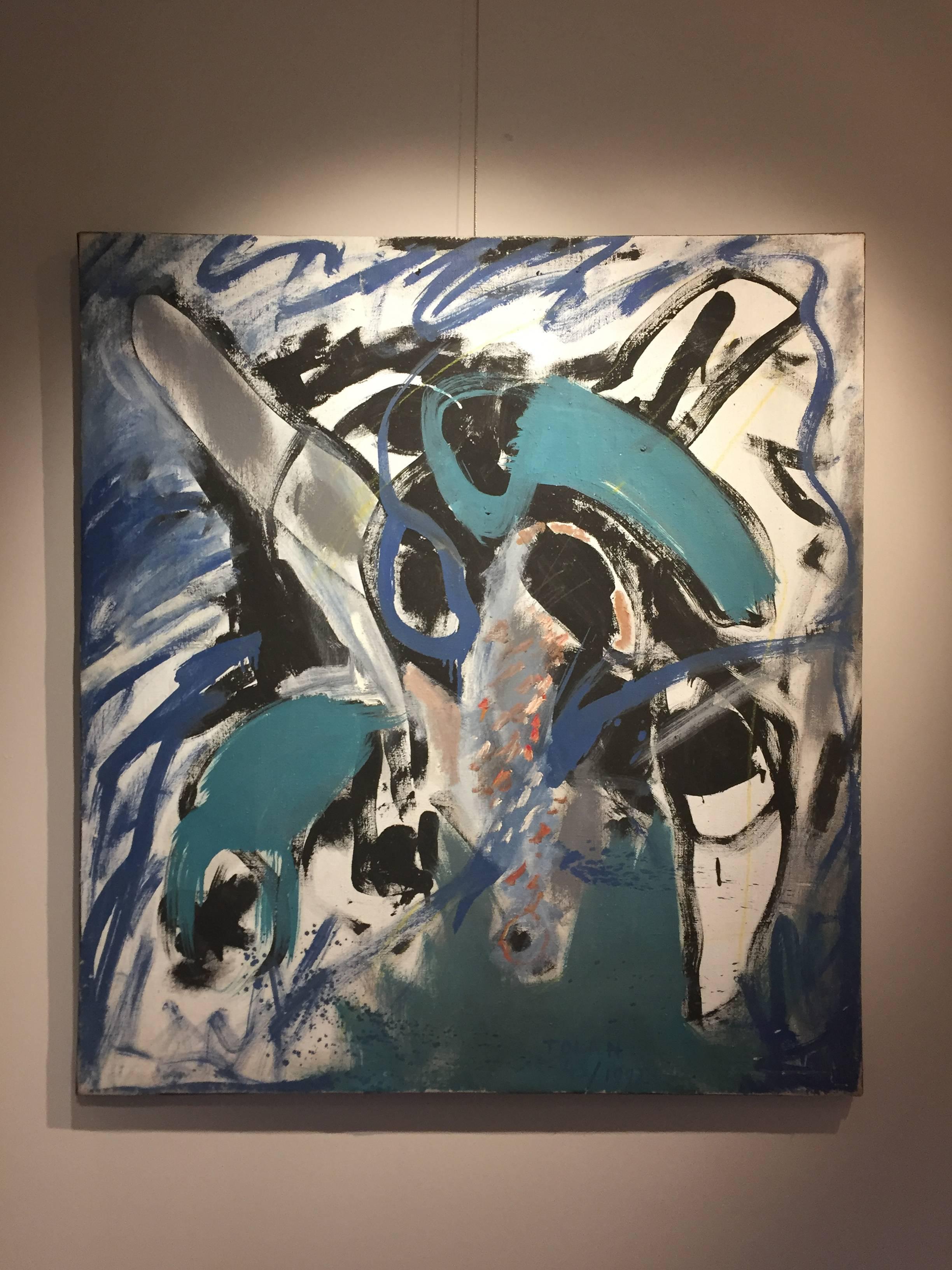 A large abstract painting by Vasile Tolan (b.1953, Bucharest).
Oil on canvas, powerful polychrome composition in blues, white and black, with hints of coral orange.
Signed and dated 1992.
Measures: 96 cm high by 88 cm wide.