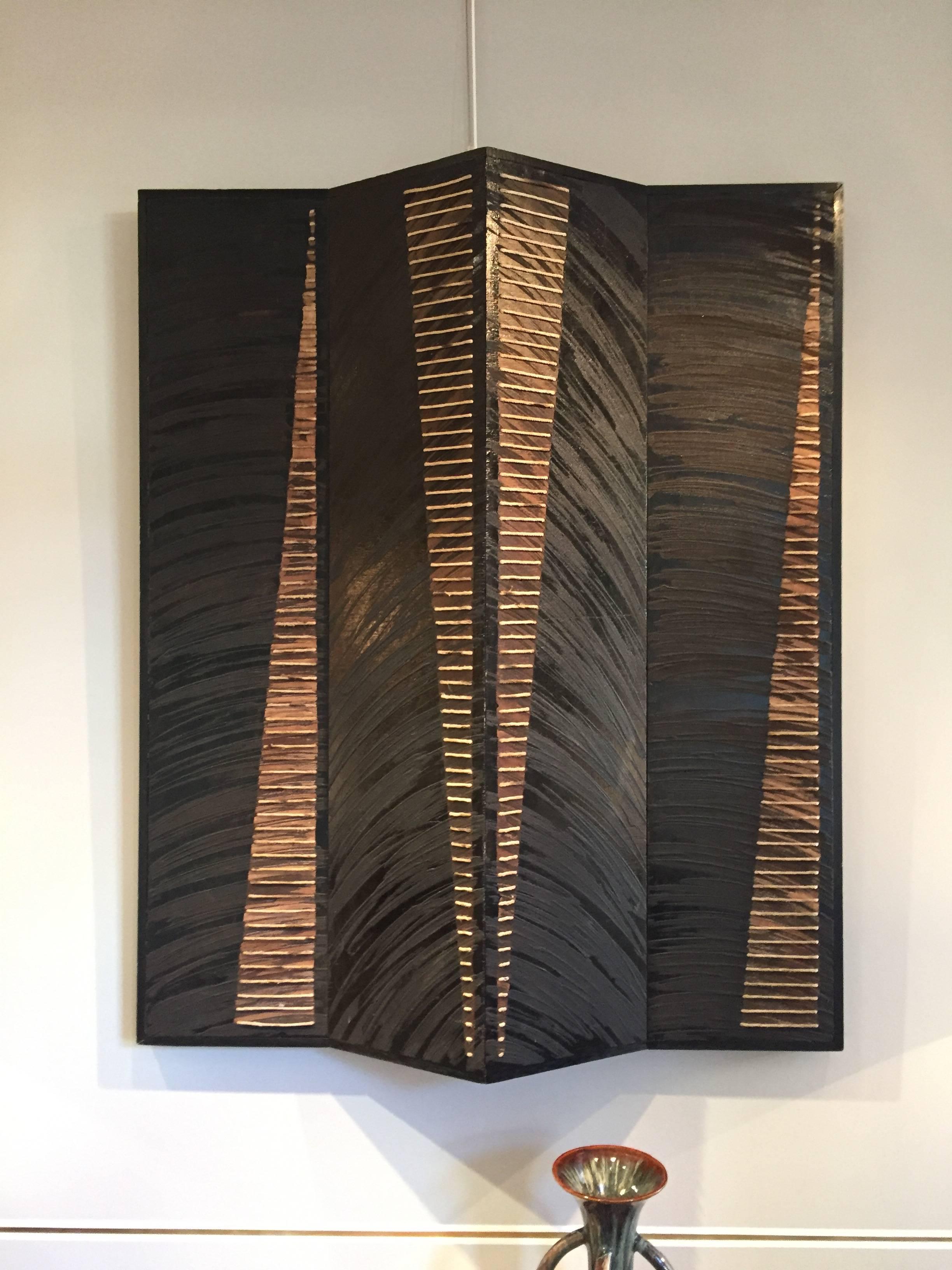An imposing and unique mixed media wall-mounted sculpture or picture.
Wood, paint, wax, acid patination, cord. Pierre Soulage inspired.
Continental, circa 1970.
Measures: 125 cm high by 103 cm wide.