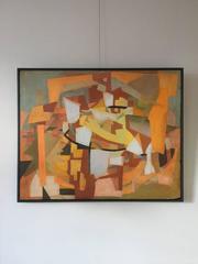 1970s Abstract Polychrome Oil on Panel by R. Bouretz