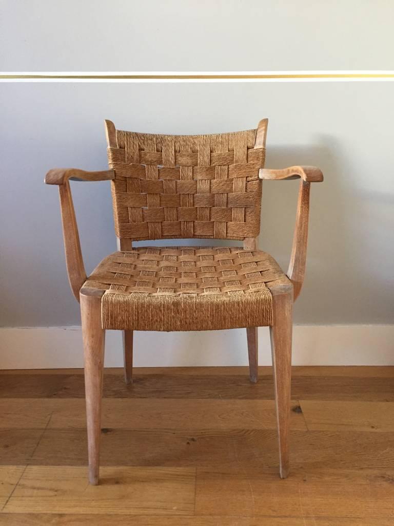 French Pair of Art Deco Limed and Seagrass Armchairs