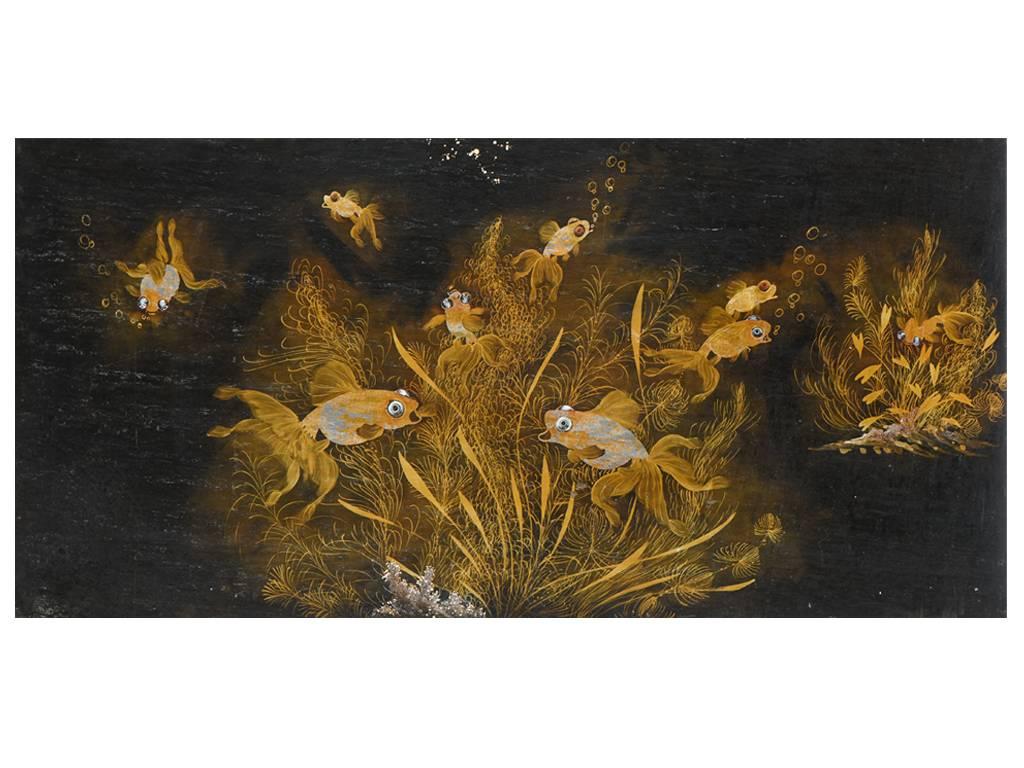 A superb Art Deco lacquer panel, depicting an underwater scene, of very high quality treatment, gold and silver leaves, carved mother-of-pearl inlays (eyes), japanned black lacquer on thick wooden panel, in the manner of Jean Dunand