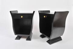 Pair of French 1950s Ebonized and Brass Side or Bedside Tables