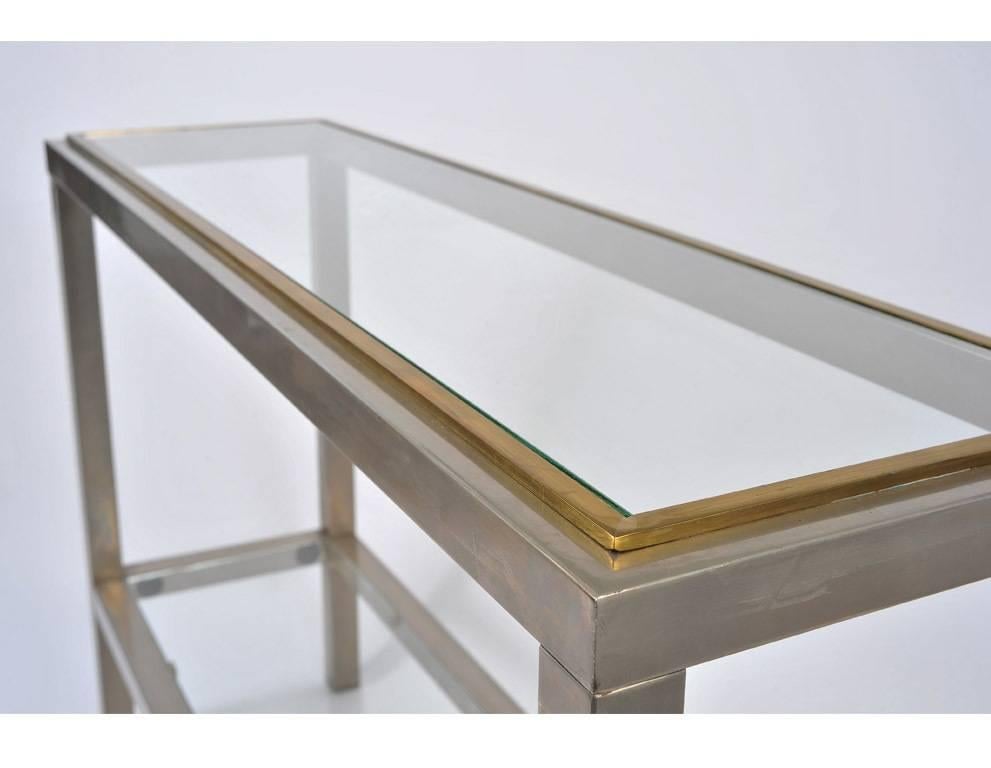 French 1970s Brushed Steel and Brass Console Table In Good Condition In London, GB