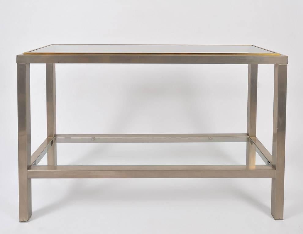Mid-Century Modern French 1970s Brushed Steel and Brass Console Table