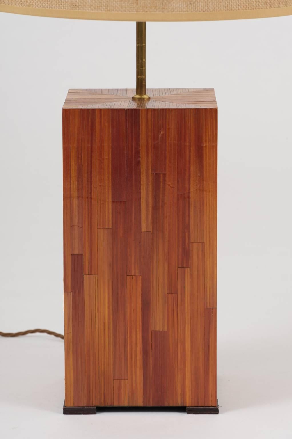 20th Century French Mid-Century Straw Marquetry Square Lamp