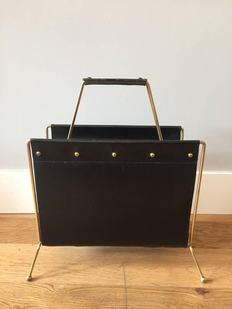 Mid-Century Modern French 1950s Brass and Black Leather Magazine Holder