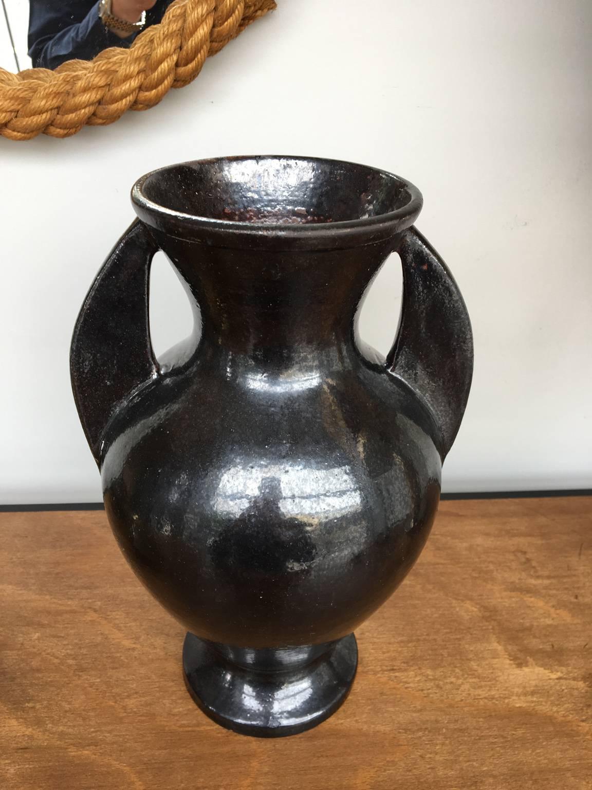 Mid-Century Modern Large French 1950s Black Ceramic Vase
