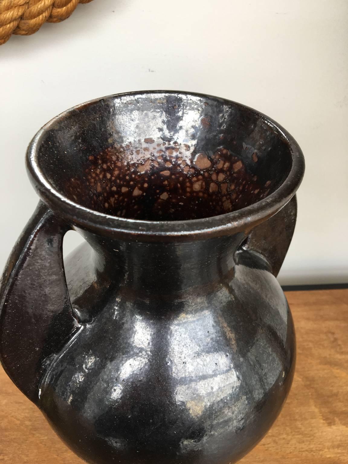 Large French 1950s Black Ceramic Vase 2