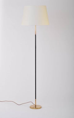 1950s Brass and Black Leather Jacques Adnet Style Floor Lamp