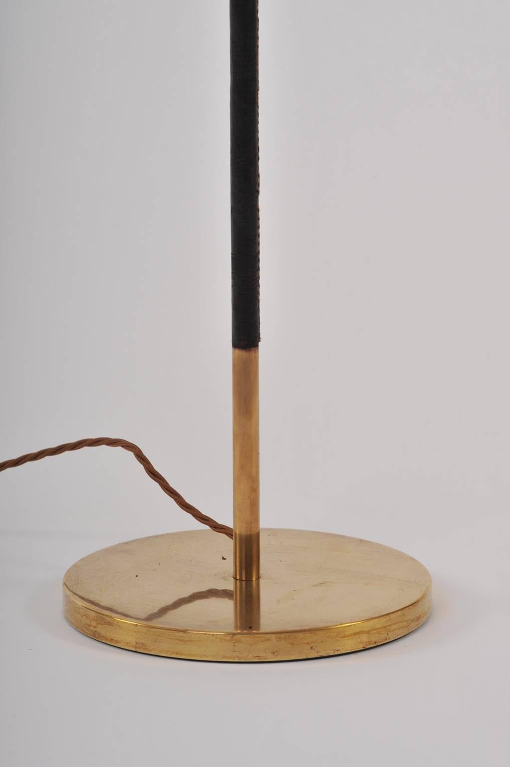 Mid-Century Modern 1950s Brass and Black Leather Jacques Adnet Style Floor Lamp