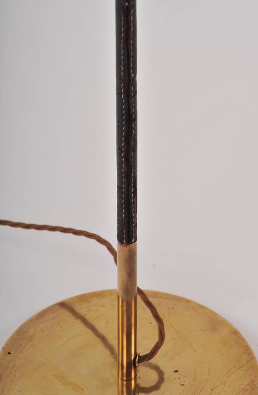 French 1950s Brass and Black Leather Jacques Adnet Style Floor Lamp