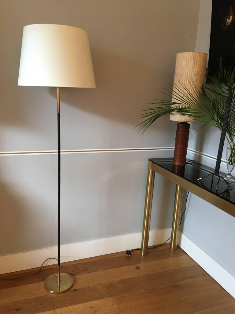 1950s Brass and Black Leather Jacques Adnet Style Floor Lamp 1