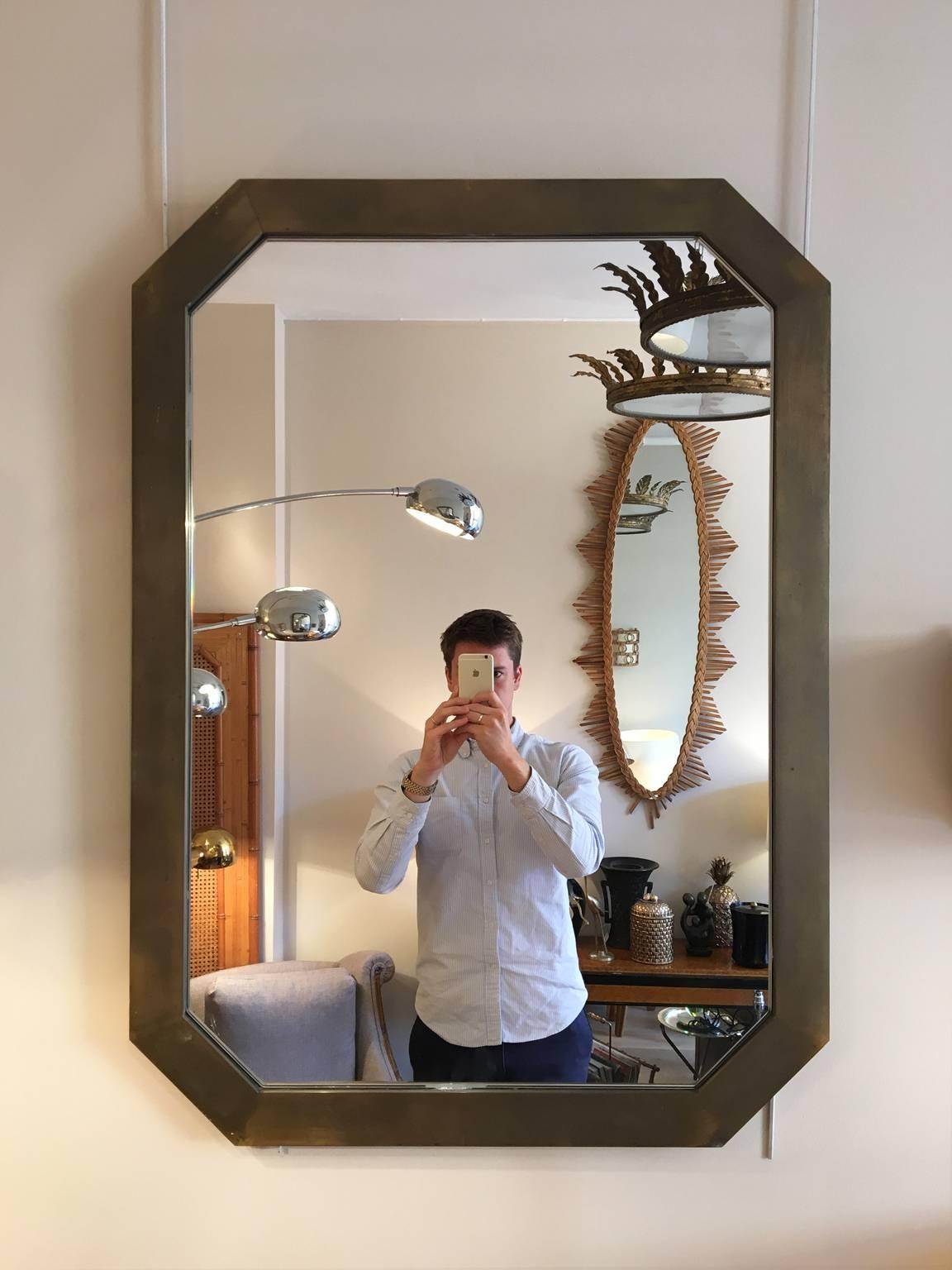 1970s Brushed Brass Octagonal Mirror In Good Condition In London, GB