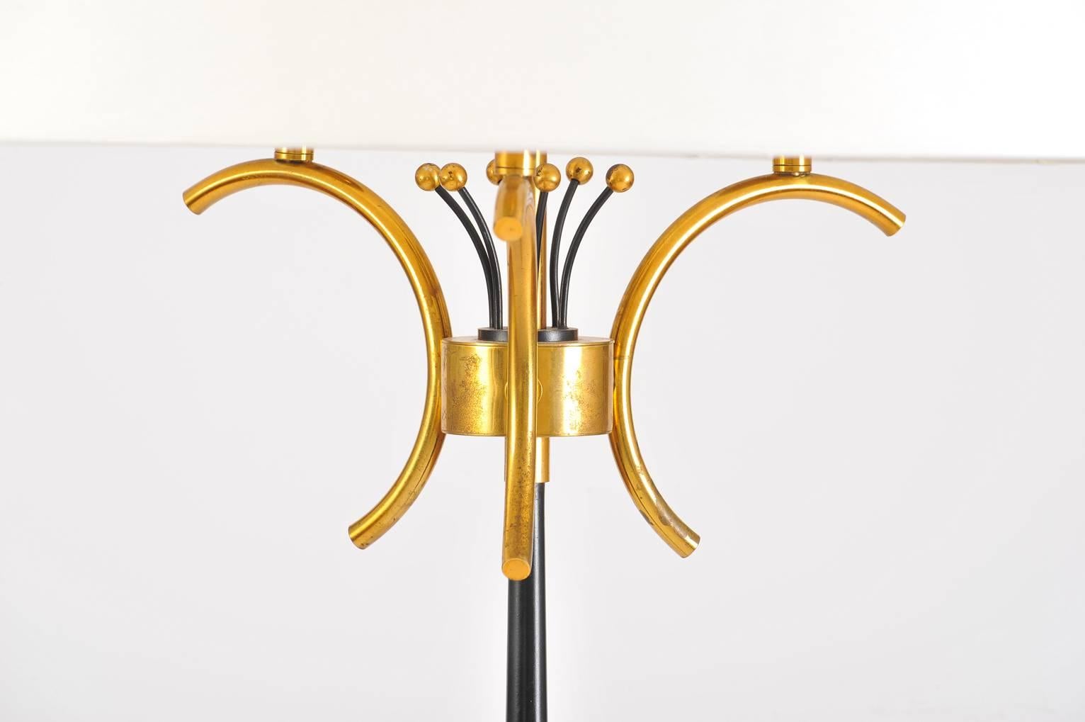 20th Century French 1950s Brass and Black Floor Lamp