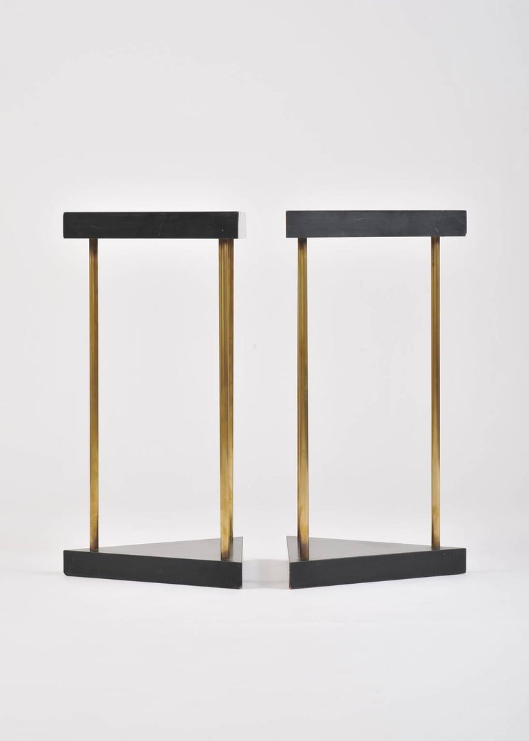 Pair of 1950s Brass and Black Melaminate Triangular Side Tables at 1stDibs