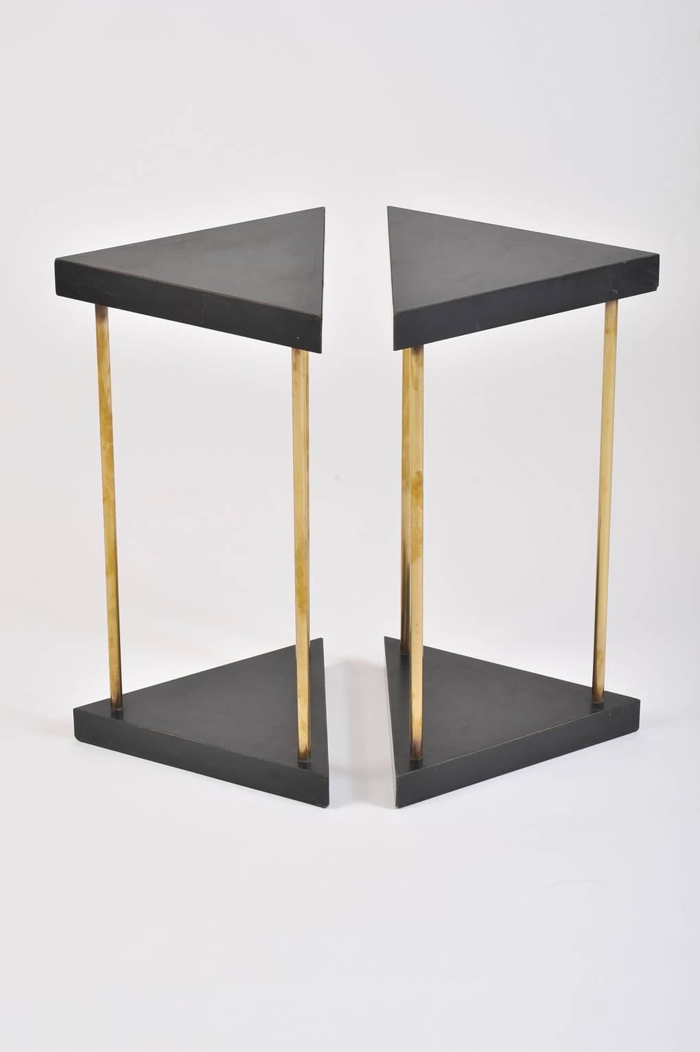 Pair of 1950s Brass and Black Melaminate Triangular Side Tables In Good Condition In London, GB