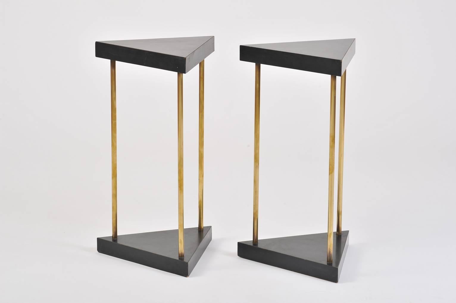 20th Century Pair of 1950s Brass and Black Melaminate Triangular Side Tables