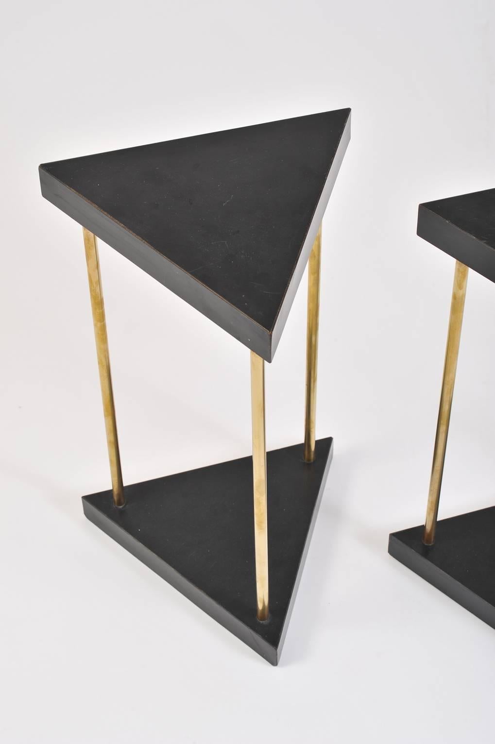 Pair of 1950s Brass and Black Melaminate Triangular Side Tables 1