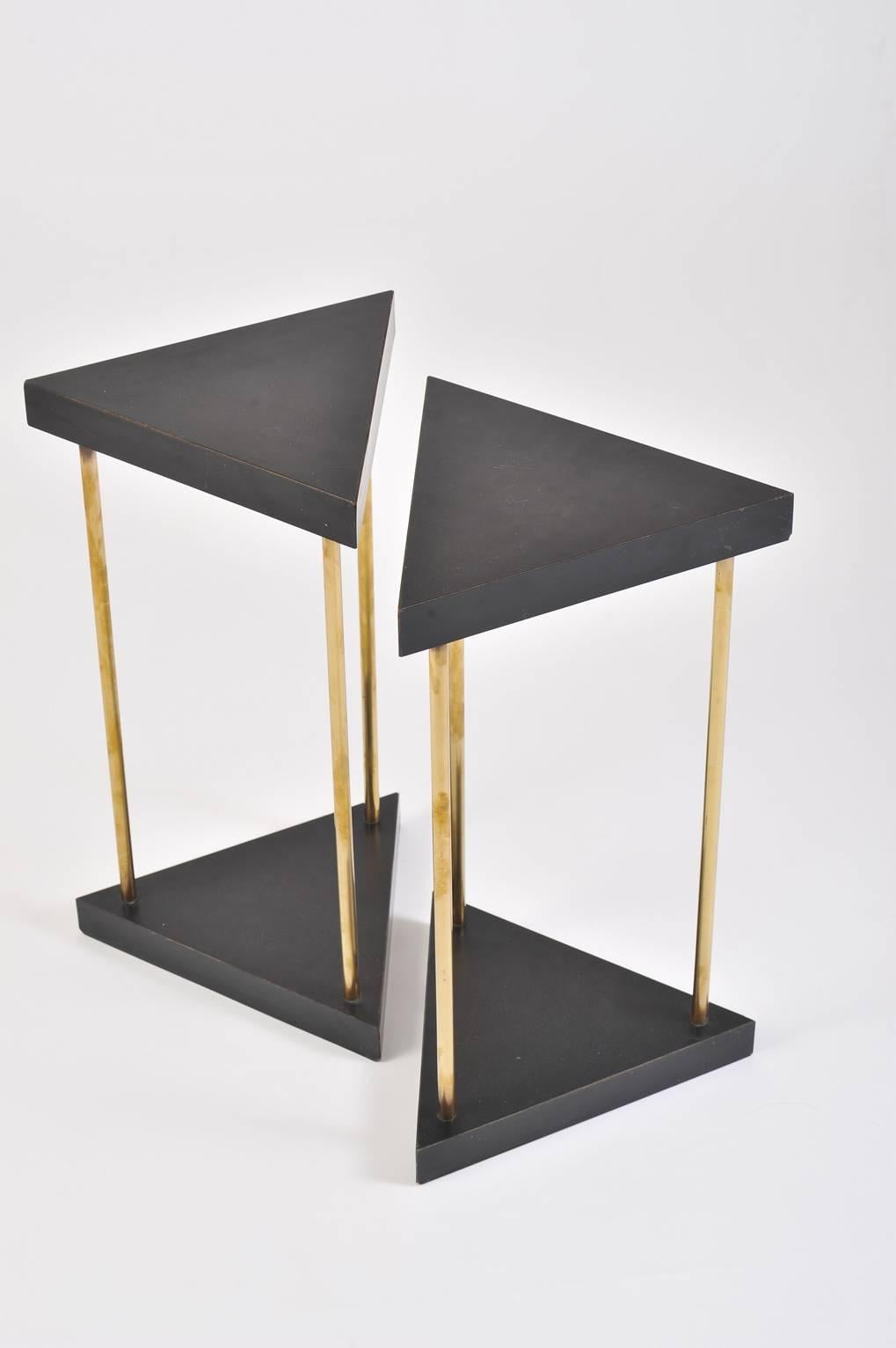 Pair of 1950s Brass and Black Melaminate Triangular Side Tables 2