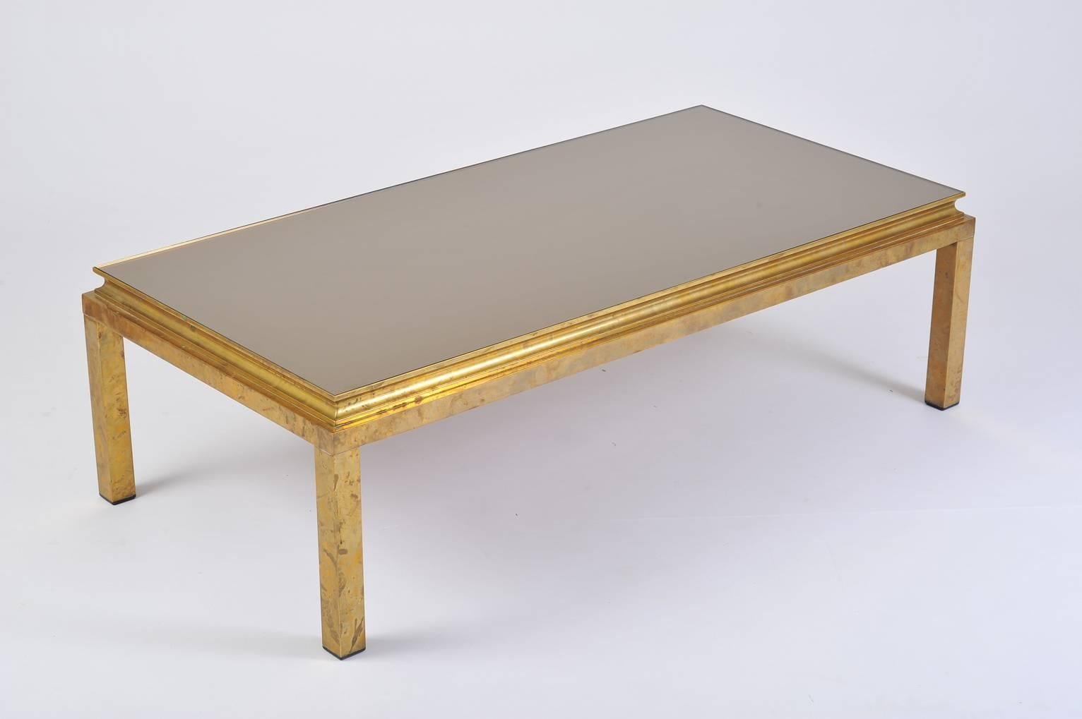 French, 1970s Brass and Bronze Mirror Top Rectangular Coffee Table 1