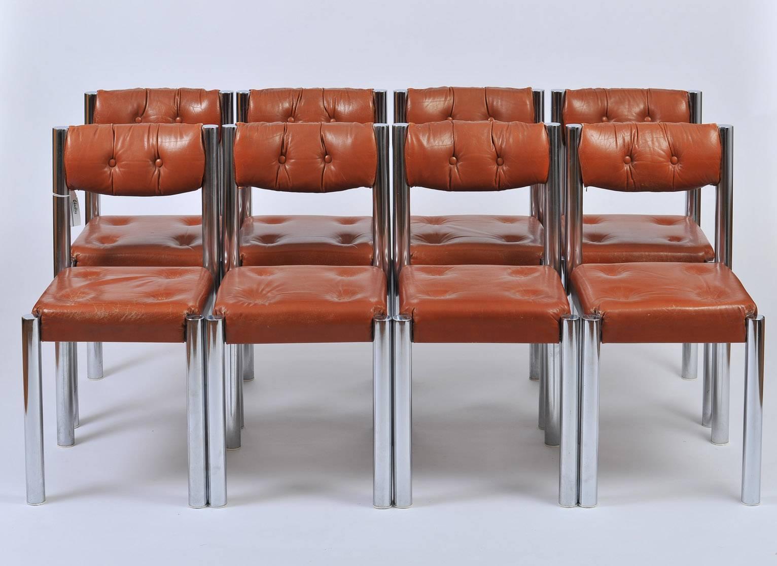 Mid-Century Modern Set of Eight French 1970s Chrome and Brown Leather Dining Chairs