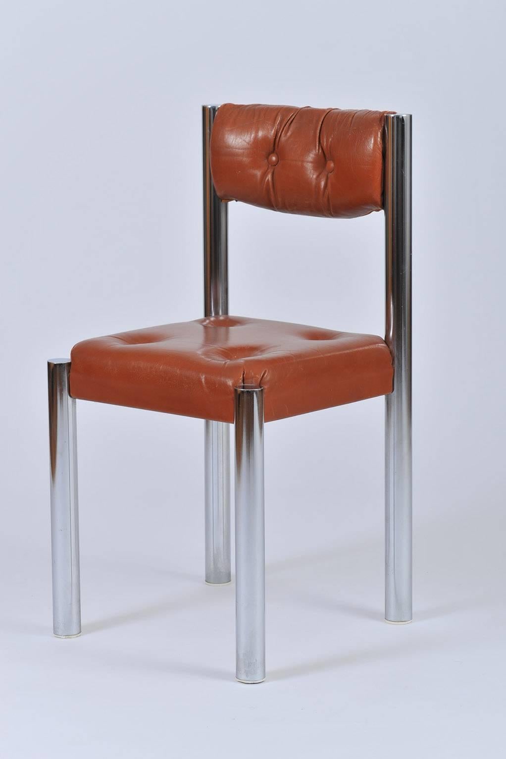 Set of Eight French 1970s Chrome and Brown Leather Dining Chairs In Good Condition In London, GB