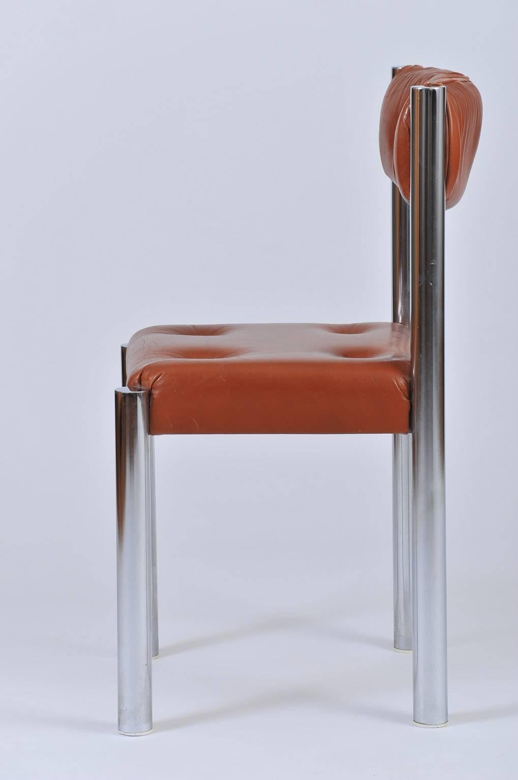 20th Century Set of Eight French 1970s Chrome and Brown Leather Dining Chairs