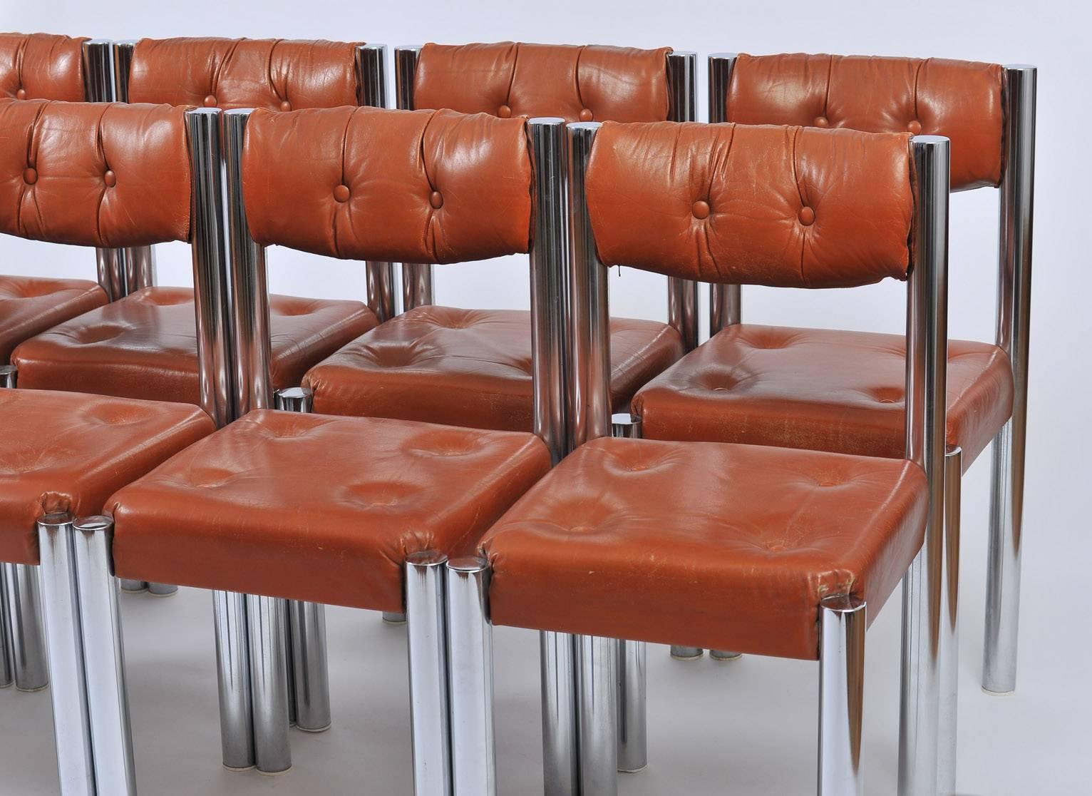 Set of Eight French 1970s Chrome and Brown Leather Dining Chairs 4