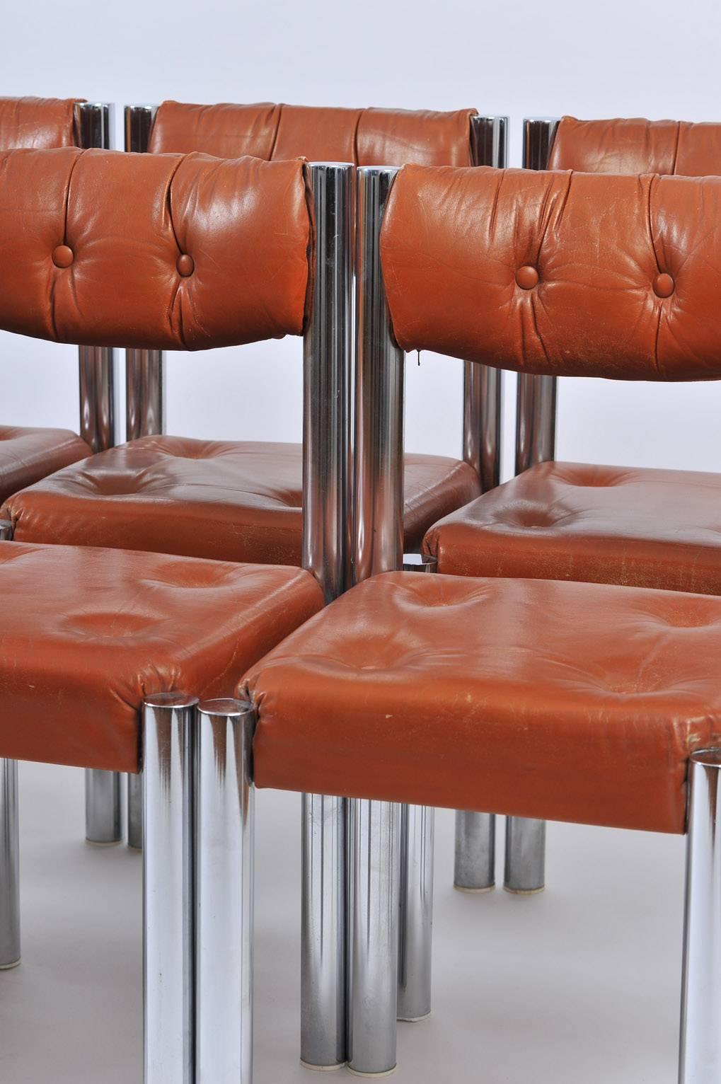Set of Eight French 1970s Chrome and Brown Leather Dining Chairs 5