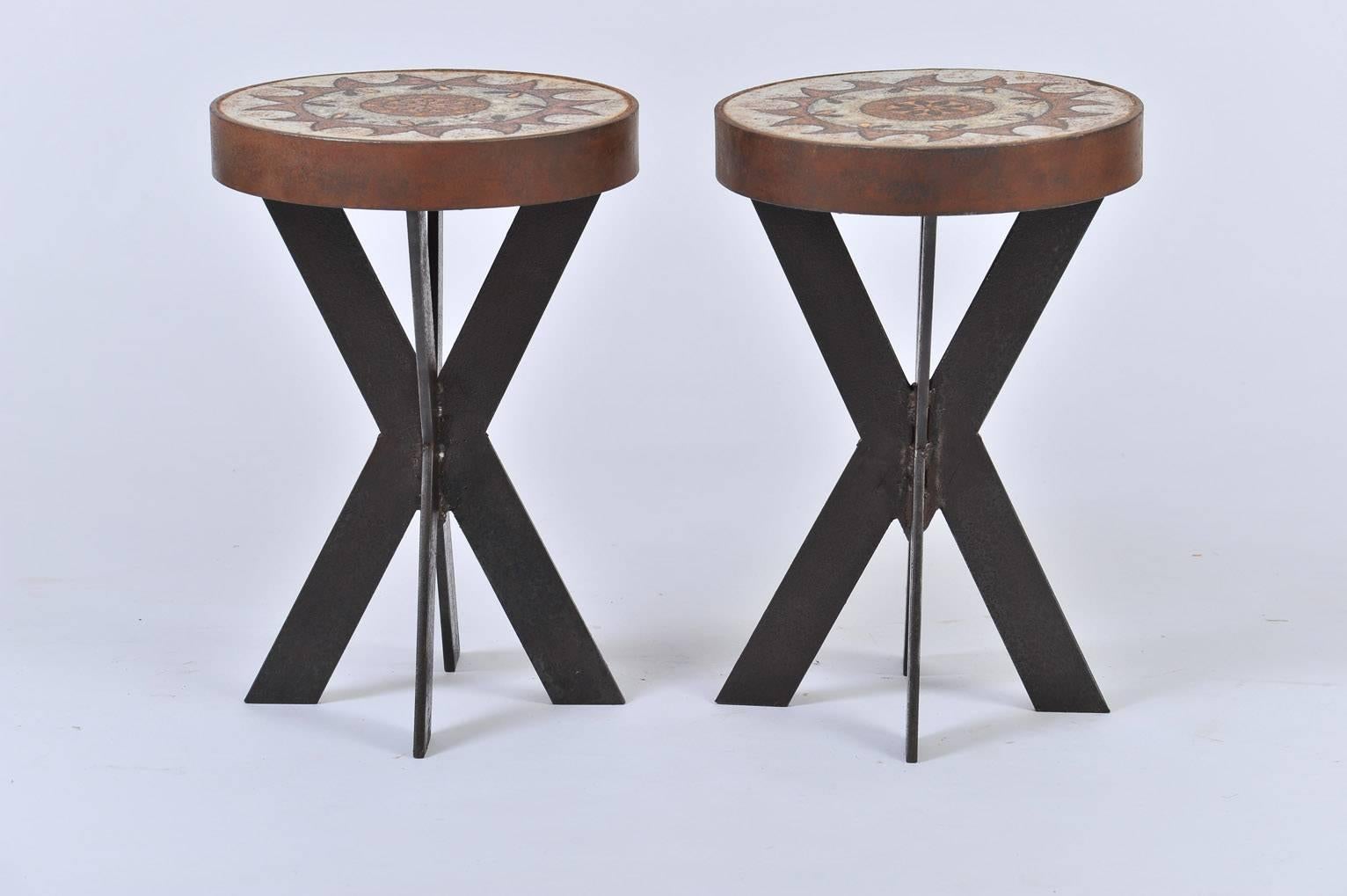 Mid-Century Modern Pair of 1960s Ceramic Top Iron Stools or Side Tables
