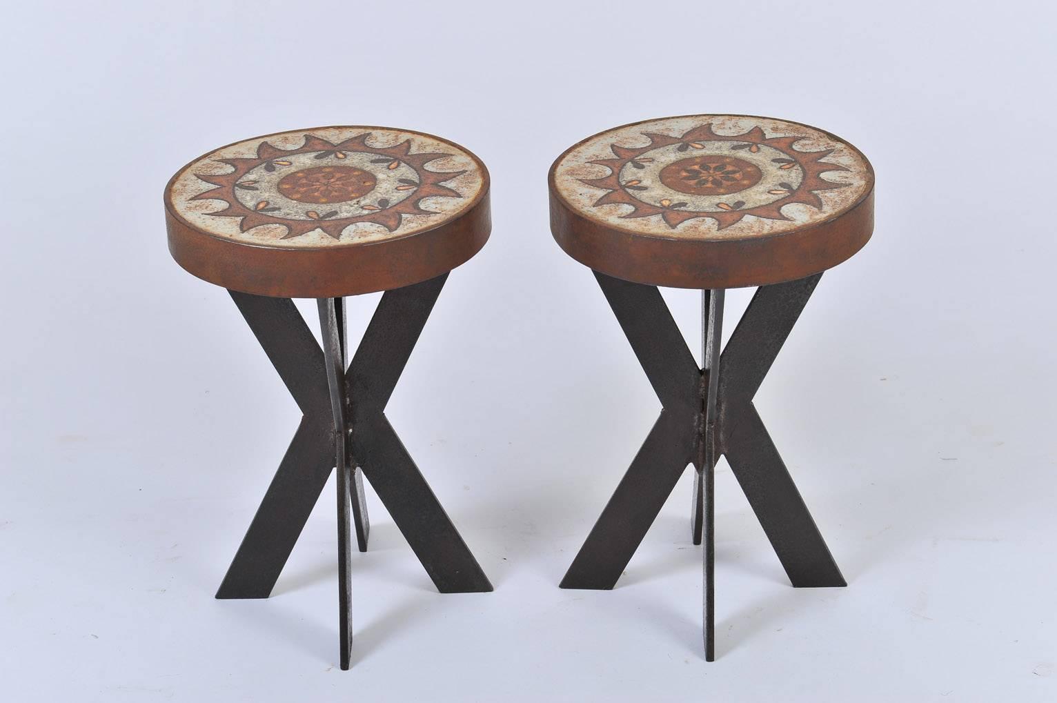 French Pair of 1960s Ceramic Top Iron Stools or Side Tables