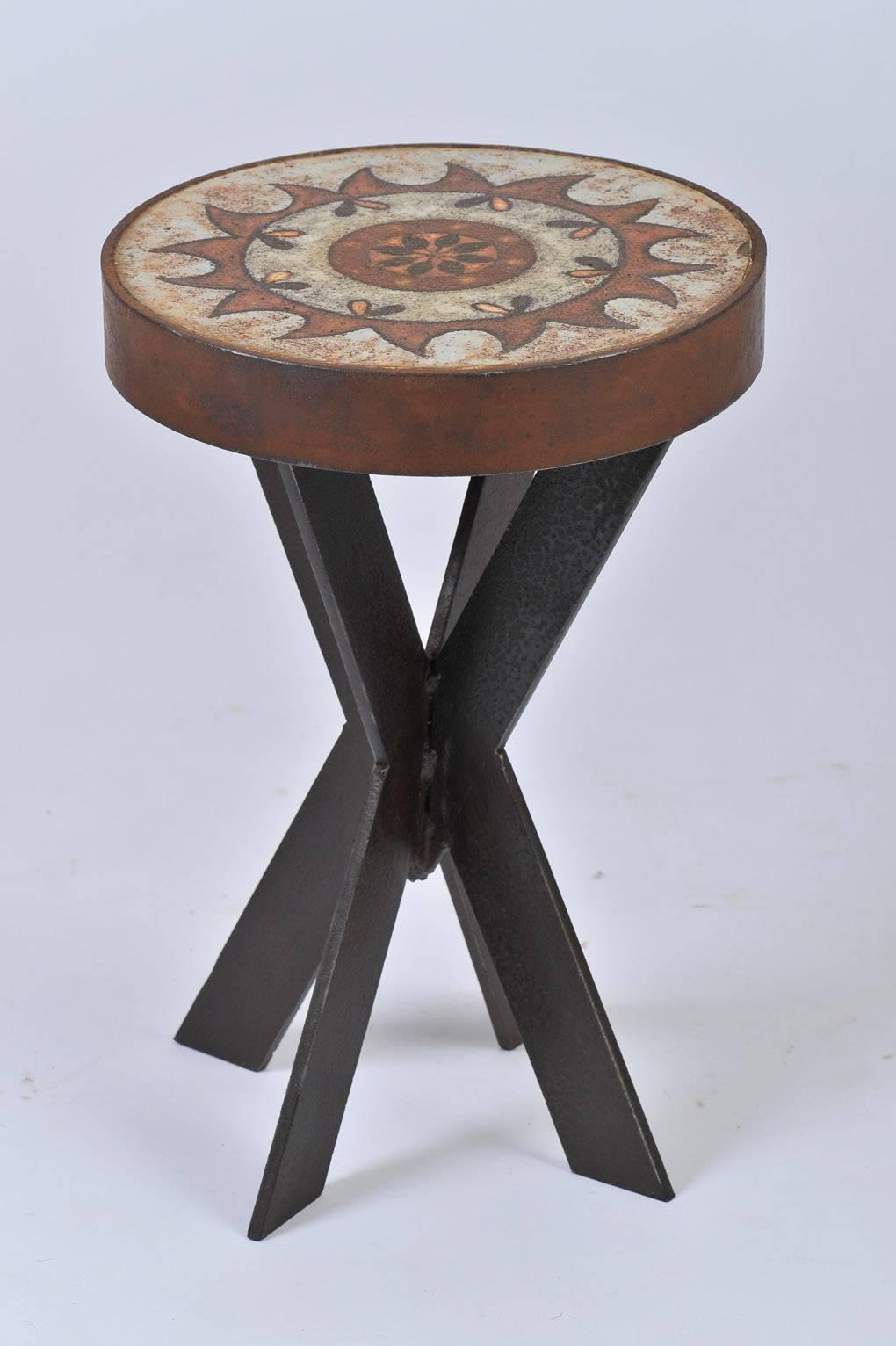 Pair of 1960s Ceramic Top Iron Stools or Side Tables 3