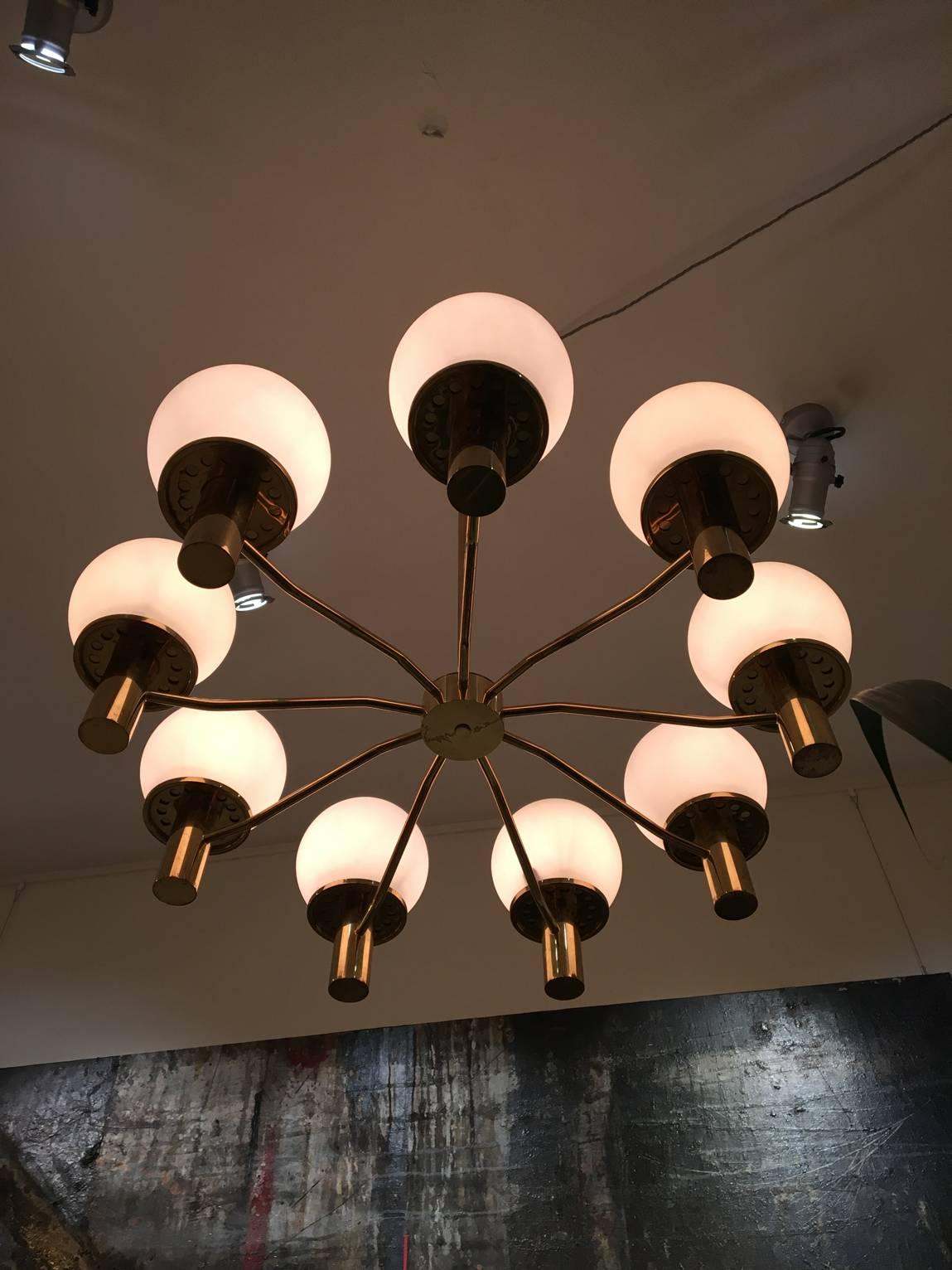 20th Century Large Swedish 1950s Brass and Glass Globes Chandelier