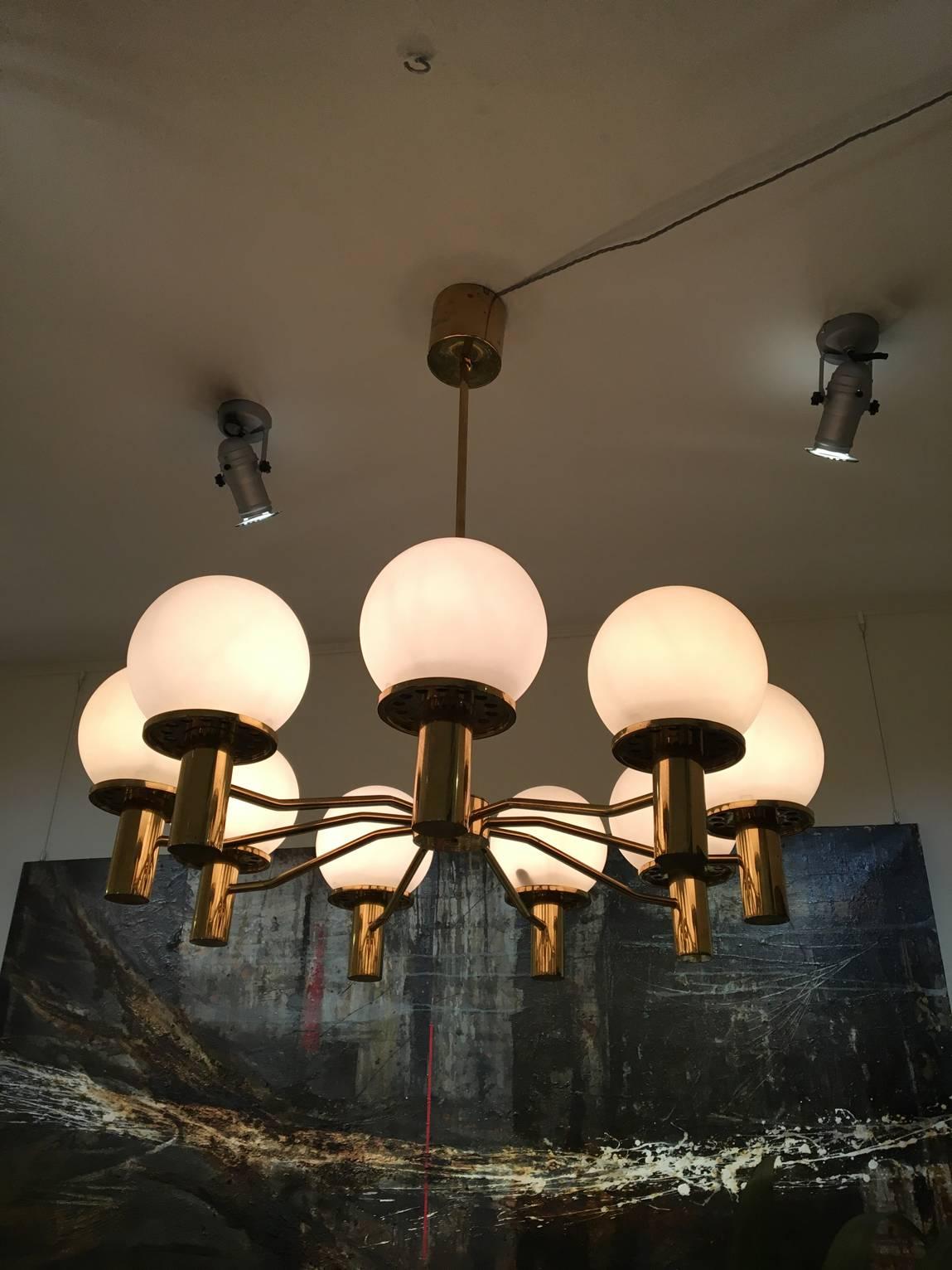 Large Swedish 1950s Brass and Glass Globes Chandelier 1