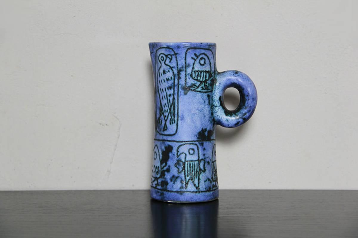 Mid-Century Modern Blue Ceramic Sgraffito Pitcher by Jacques Blin, 1950s For Sale
