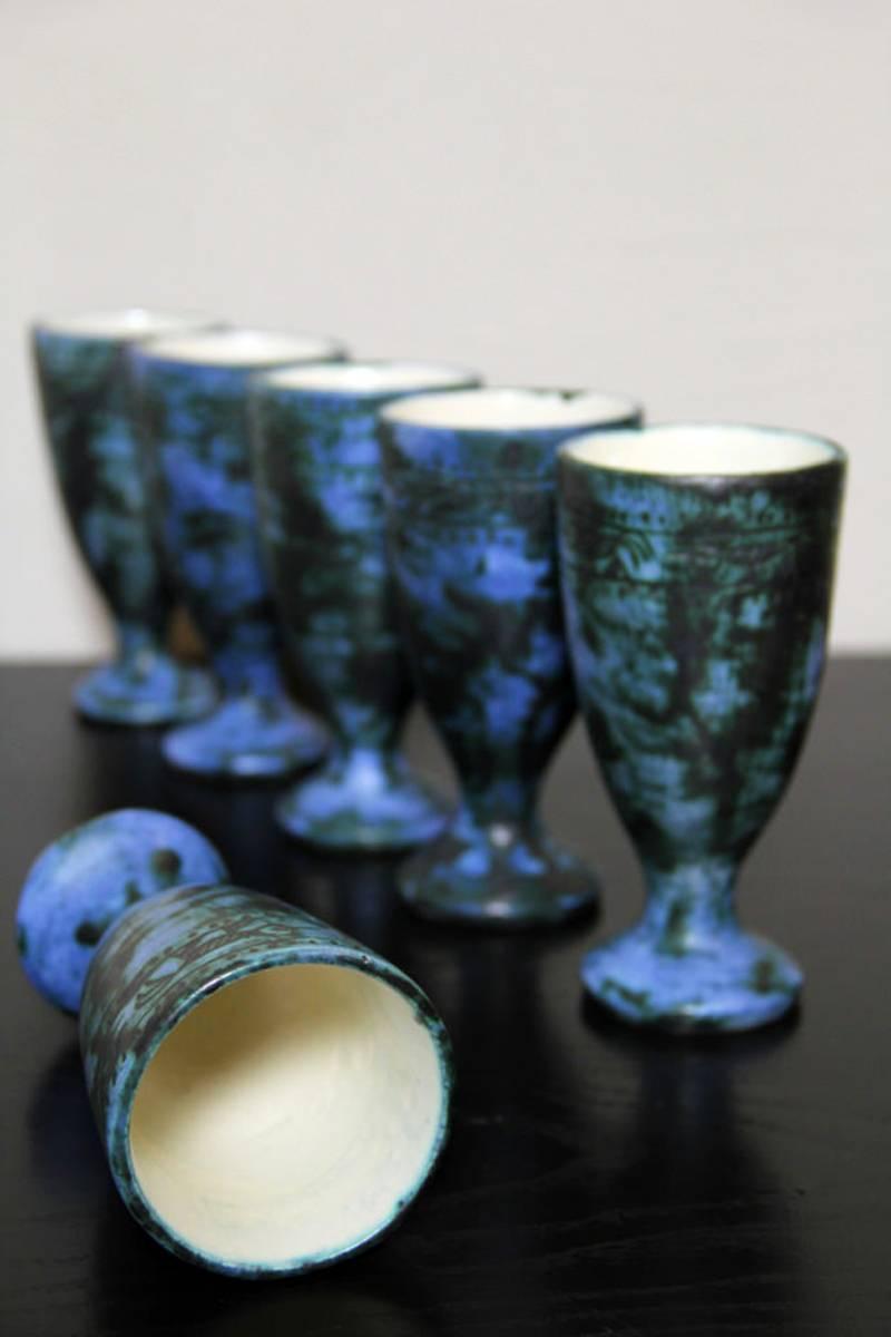 Mid-Century Modern Rare Set of Six Blue Ceramic Sgraffito Goblets by Jacques Blin, France, 1950s For Sale