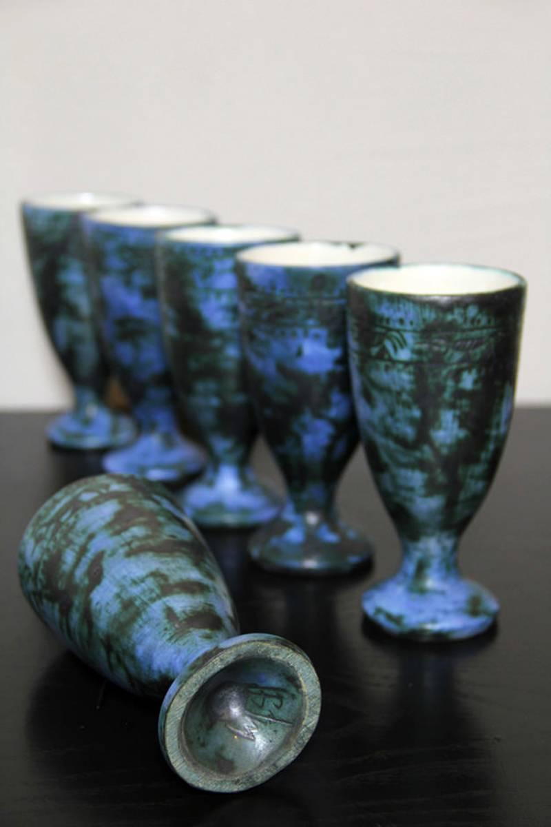 French Rare Set of Six Blue Ceramic Sgraffito Goblets by Jacques Blin, France, 1950s For Sale