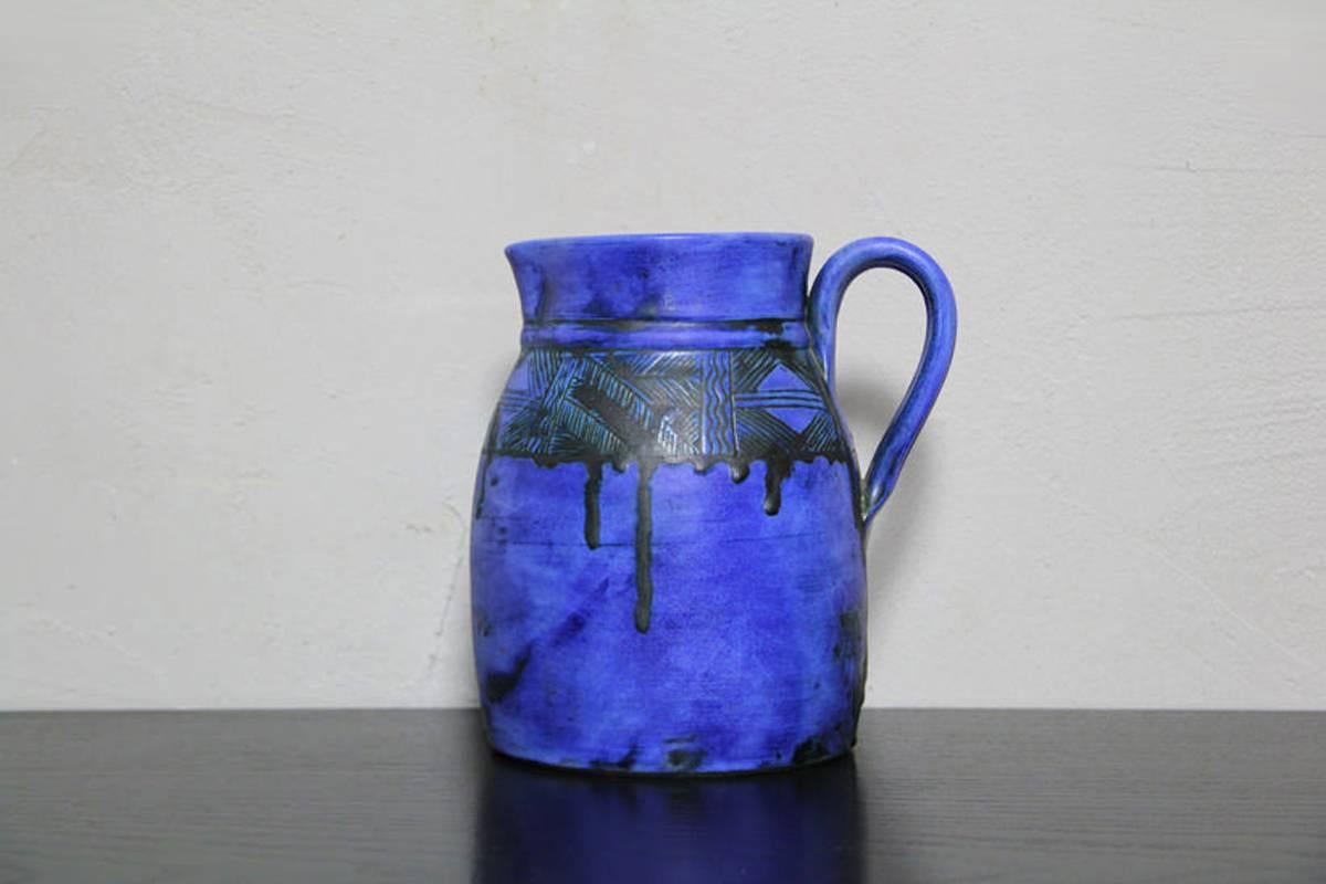 Mid-Century Modern Royal Blue Ceramic Sgraffito Juice Pitcher by Jacques Blin, France, 1950s For Sale