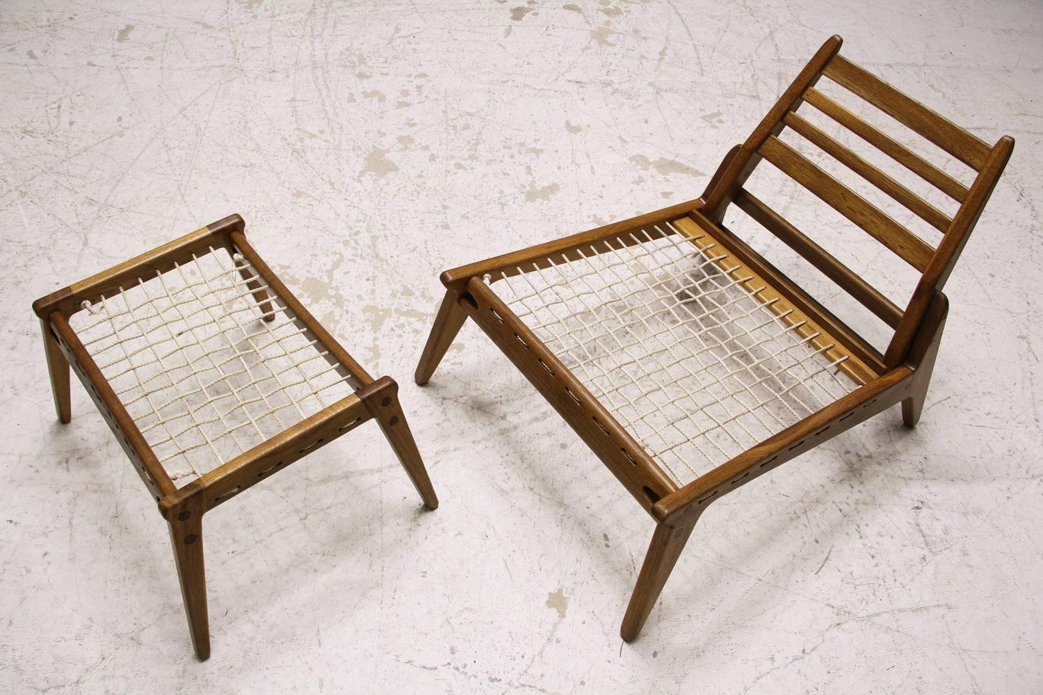Rare Mid-Century Hunting Chair with Ottoman in Oak and Textile, Germany, 1950s For Sale 4