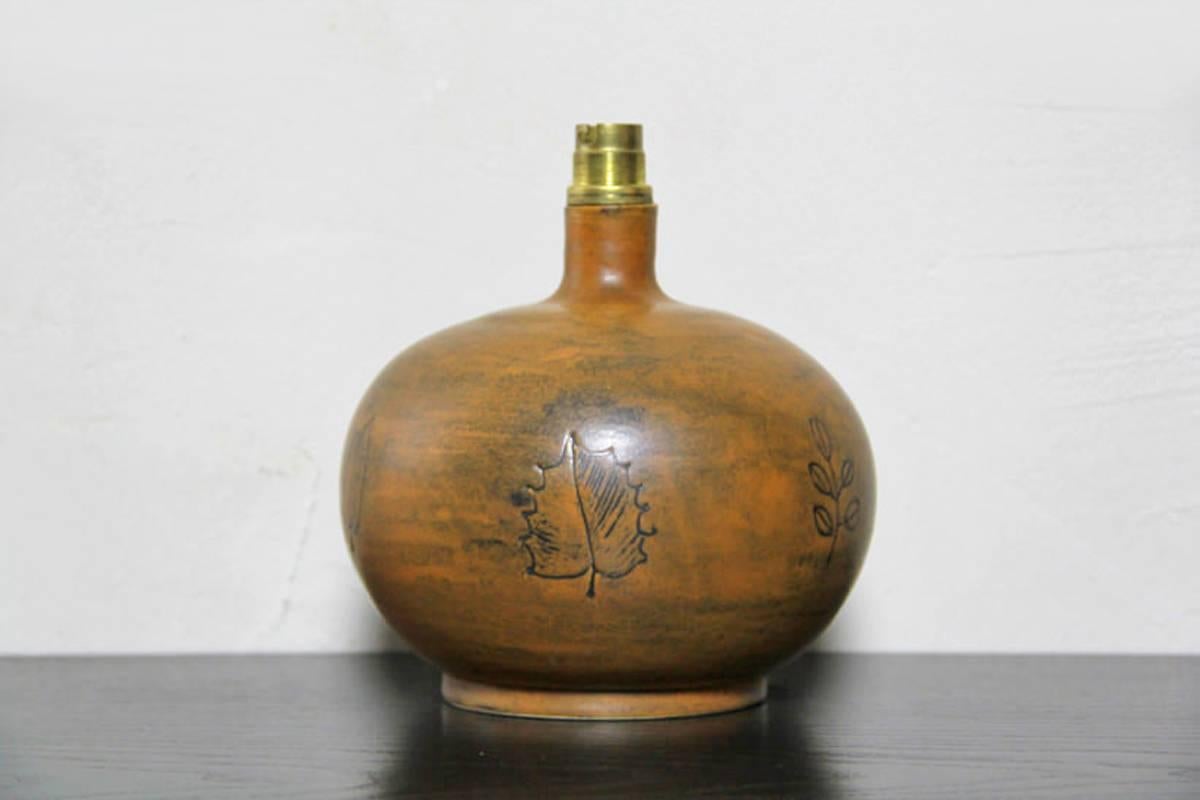 Mid-Century Modern Rust Brown Ceramic Sgraffito Lamp Stand by Jacques Blin, France, 1950s For Sale