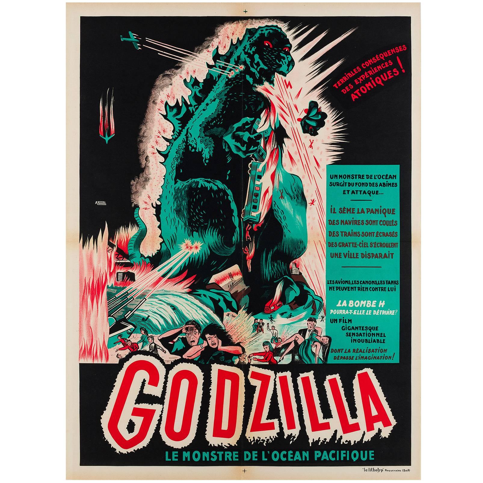 Godzilla Original French Film Movie Poster, A. Poucel, 1950s Rare Vintage