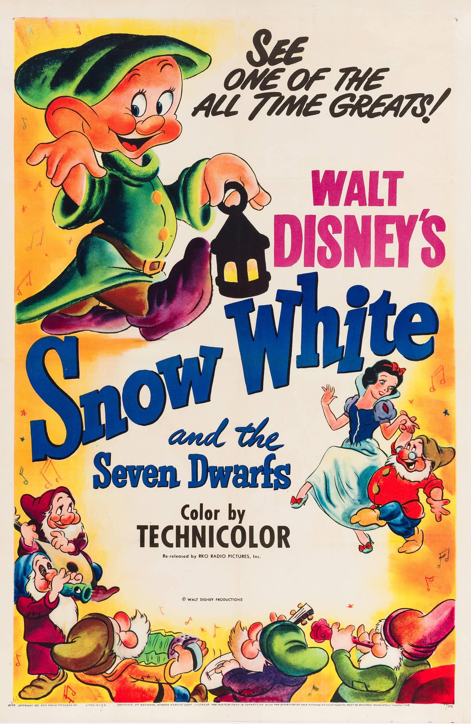 The 1951 country-of-origin re-release poster for snow white has some of the best artwork for the title, with everyone’s favourite dwarf Dopey featuring prominently. Lovely deep rich colours, another classic Disney poster that shouldn’t be confined
